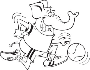 Black and white illustration of an elephant playing basketball.
