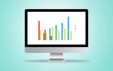 Vector computer desktop with business chart on a blue background