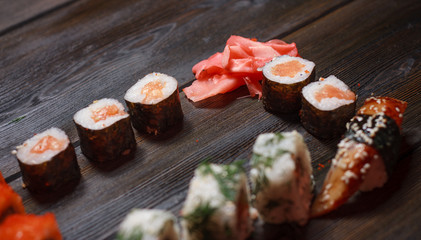 sushi, rice, seafood, ginger