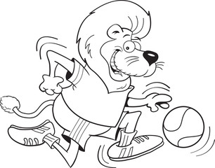 Black and white illustration of a lion playing basketball.