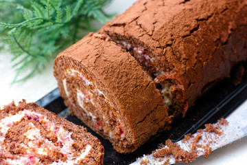 Chocolate sponge cake roll with cream