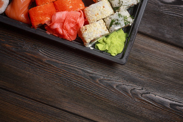 delicious sushi and rolls, set, chopsticks, Chinese food