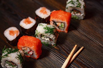 sushi with seafood, wooden sticks, set