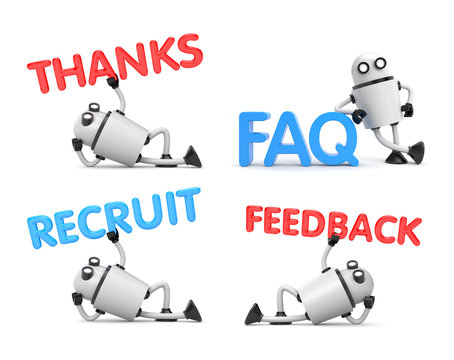 Robot is in a relaxed position holds the words - Feedback, FAQ, recruit, thanks. 3d illustration