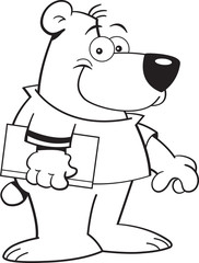 Black and white illustration of a bear holding a book.