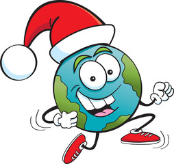 Cartoon illustration of a running globe wearing a Santa hat.