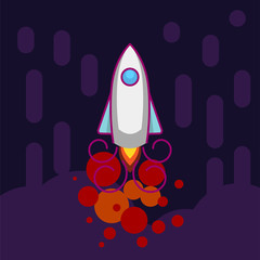 Space rocket flying up line icon on dark background.