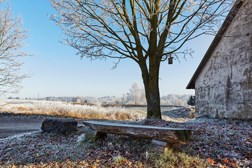 Country winter landscape with seat fields leaves and wooden birdhouse