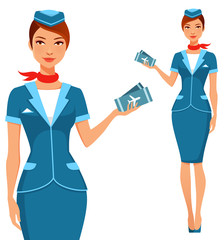 beautiful cartoon stewardess holding airplane tickets