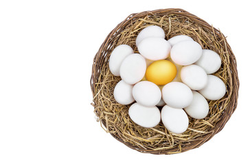 Golden egg standing out from white eggs on wicker basket