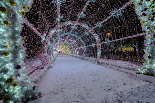 New Year and Christmas lighting decoration of the city. Russia,