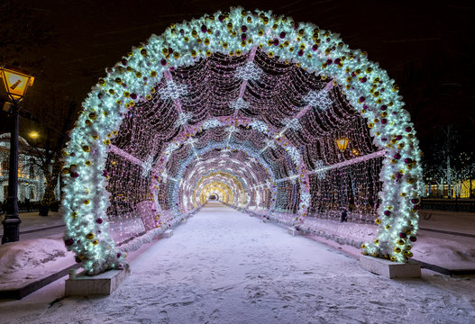 New Year and Christmas lighting decoration of the city. Russia,