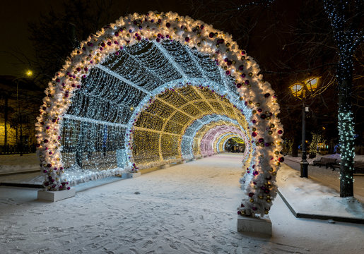 New Year and Christmas lighting decoration of the city. Russia,