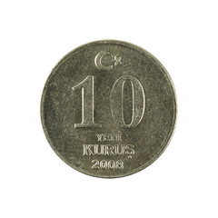 one turkish new kurus coin (2008) isolated on white background