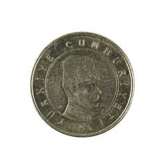one turkish new kurus coin (2008) isolated on white background