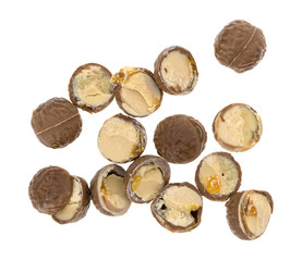 Cut chocolate hazelnut cream truffles on a white background.