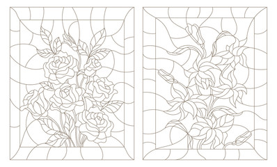 Set contour illustrations in the stained glass style, abstract flowers of rose and Lily, dark outline on a white background
