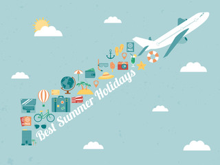 Travel background with flat icons. Summer holidays background. Travel and tourism concept. Vector