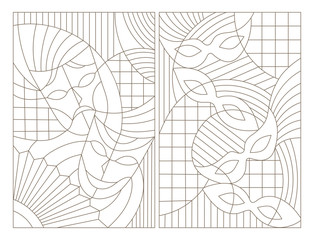 Set contour illustrations of the stained glass Windows on the theme of the carnival with abstract masks