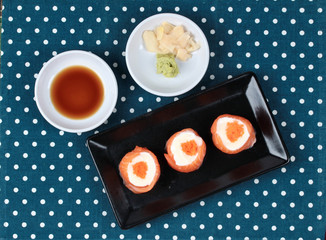 Salmon Mayo rolll ,Salad cream in salmon topped shrimp eggs.