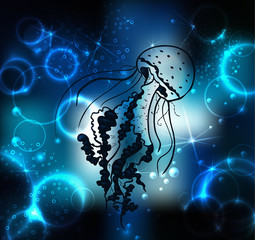 Vector painting jellyfish. Illustration of medusa in the depths of the sea  and air bubbles.  Element tattoo design, cartoon, doodle.