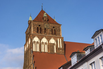 Fototapeta premium Germany, Greifswald: Steeple of the Lutheran St. Marien church (St.-Marien-Kirche).