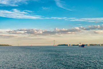 Naklejka premium Most Verrazano – Narrows to dwupoziomowy most wiszący łączący dzielnice Staten Island i Brooklyn w Nowym Jorku.