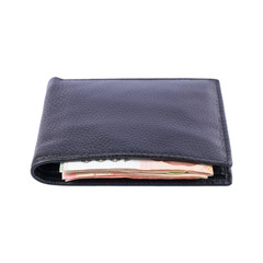 money in black leather wallet isolated on white