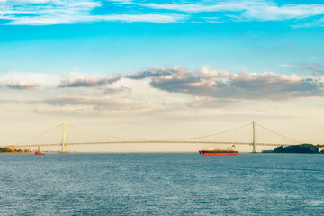 Naklejka premium The Verrazano–Narrows Bridge is a double-decked suspension bridge that connects the New York City boroughs of Staten Island and Brooklyn.