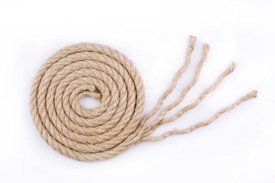 Top View Of Rope Spiral With Unraveled End On White Background