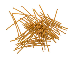 Salted whole wheat bretzel sticks top view isolated on a white background.