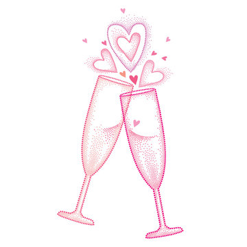 Vector illustration with two dotted toasting champagne glass with heart in pink isolated on white background. Champaign glass and hearts in dotwork style for restaurant and Valentines design.