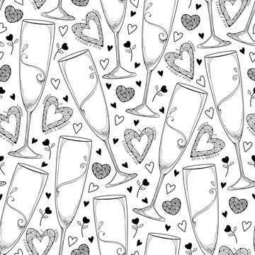 Vector seamless pattern with outline champagne glass and hearts in black on the white background. Pattern in contour style with champaign glasses for coloring book and celebration Valentines design.