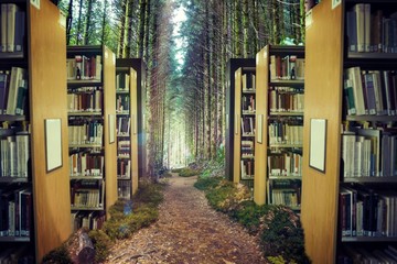 Composite image of close up of a bookshelf 3d