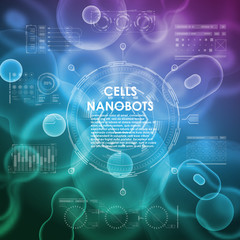 Cell background with futuristic interface elements. HUD UI for medical app. Futuristic user interface. Molecular research. Nanotechnology medicine concept. Nanorobots and cells.