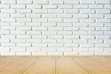Empty top wooden table and white brick wall background. For prod