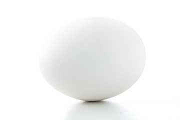 Closeup of a single oval isolated white egg horizontal on a white background