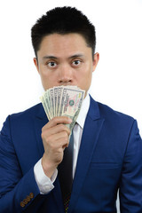 Asian man with money cover mouth, note