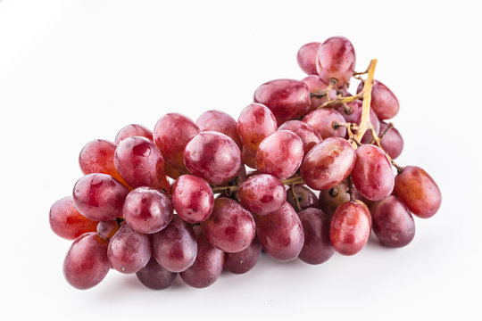 One bunch of purple grapes on the stem on a white background