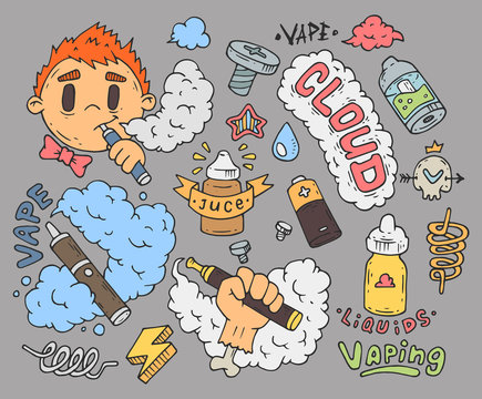 A set of cartoon stickers for vapers. Comic doodles. Cartoon badges for vaping.