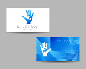 Psychology vector visit card. Modern logo. Creative style. Design concept. Brand company. Blue color isolated on gray background. Symbol for web, print. vVsiting personal set