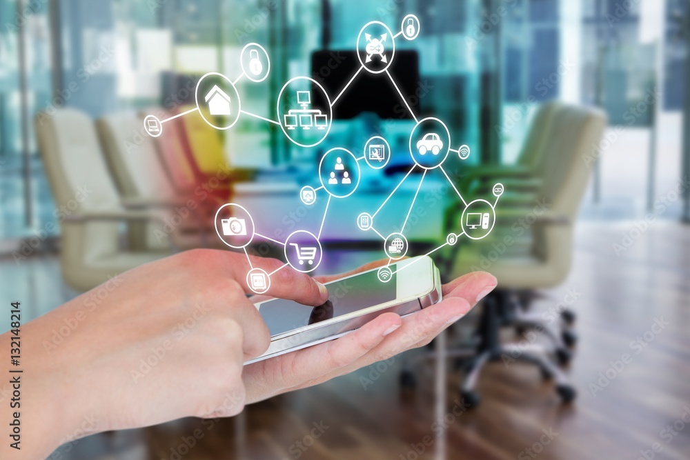 Poster composite image of hands showing smartphone 3d