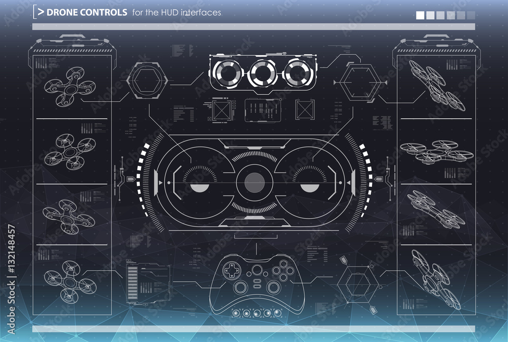 Poster control elements for the interfaces. hud ui for drones. futuristic user interface. virtual graphic