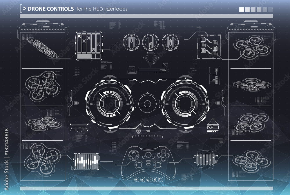 Poster control elements for the interfaces. hud ui for drones. futuristic user interface. virtual graphic