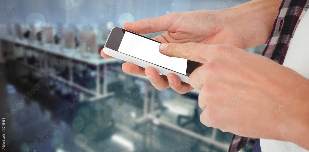 Poster composite image of cropped image of man using smartphone 3d