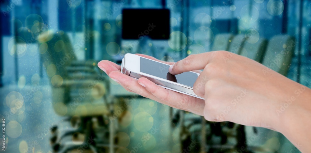Poster composite image of hands showing smartphone 3d