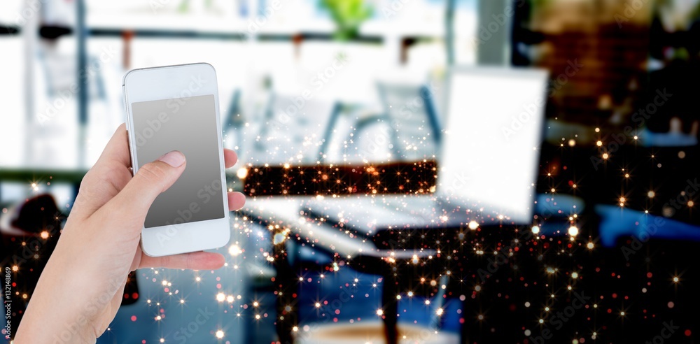 Poster composite image of hand showing smartphone 3d