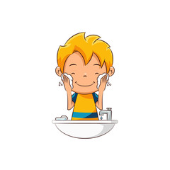 Kid washing face, soap