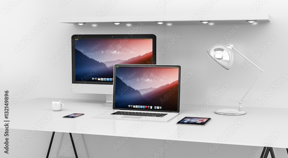 Poster modern white desk interior with computer and devices 3d renderin