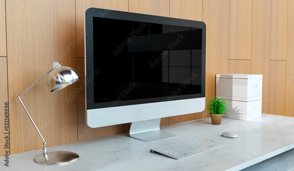 Aufkleber modern desktop interior with silver computer 3d rendering